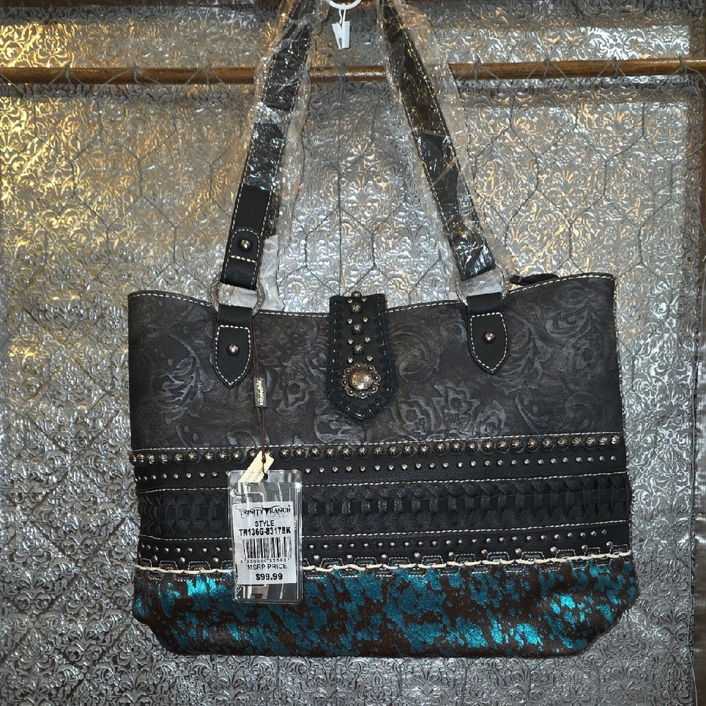 Trinity Ranch MONTANA west Cowhide Elegant Black N Teal Women's Bag CC NEW $131